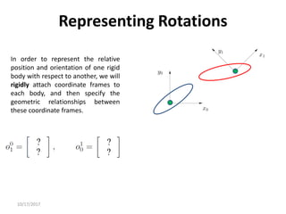 10/17/2017
Representing Rotations
In order to represent the relative
position and orientation of one rigid
body with respect to another, we will
rigidly attach coordinate frames to
each body, and then specify the
geometric relationships between
these coordinate frames.
 