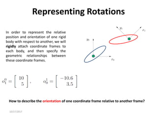 10/17/2017
Representing Rotations
In order to represent the relative
position and orientation of one rigid
body with respect to another, we will
rigidly attach coordinate frames to
each body, and then specify the
geometric relationships between
these coordinate frames.
How to describe the orientation of one coordinate frame relative to another frame?
 