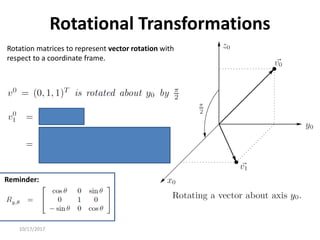 10/17/2017
Rotational Transformations
Rotation matrices to represent vector rotation with
respect to a coordinate frame.
Reminder:
 