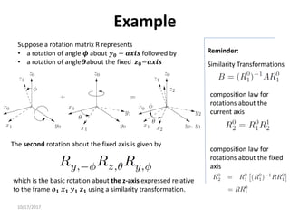 10/17/2017
Example
Suppose a rotation matrix R represents
• a rotation of angle 𝝓 about 𝒚𝟎 − 𝒂𝒙𝒊𝒔 followed by
• a rotation of angle𝜭about the fixed 𝒛𝟎−𝒂𝒙𝒊𝒔 Similarity Transformations
Reminder:
composition law for
rotations about the
current axis
composition law for
rotations about the fixed
axis
The second rotation about the fixed axis is given by
which is the basic rotation about the z-axis expressed relative
to the frame 𝒐𝟏 𝒙𝟏 𝒚𝟏 𝒛𝟏 using a similarity transformation.
 