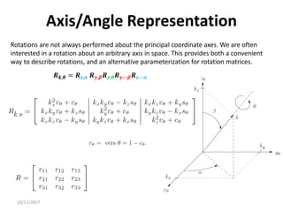 10/17/2017
Axis/Angle Representation
Rotations are not always performed about the principal coordinate axes. We are often
interested in a rotation about an arbitrary axis in space. This provides both a convenient
way to describe rotations, and an alternative parameterization for rotation matrices.
𝑹𝒌,𝜽 = 𝑹𝒛,𝜶 𝑹𝒚,𝜷𝑹𝒛,𝜽𝑹𝒚,−𝜷𝑹𝒛,−𝜶
 