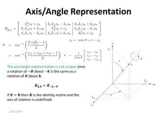 10/17/2017
Axis/Angle Representation
The axis/angle representation is not unique since
a rotation of −𝜽 about −𝒌 is the same as a
rotation of 𝜽 about 𝒌.
𝑹𝒌,𝜽 = 𝑹−𝒌,−𝜽
If 𝜽 = 𝟎 then 𝑹 is the identity matrix and the
axis of rotation is undefined.
 