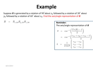 10/17/2017
Example
Suppose 𝑹 is generated by a rotation of 90°about 𝑧0 followed by a rotation of 30° about
𝑦0 followed by a rotation of 60°
about 𝑥0. Find the axis/angle representation of 𝑹
Reminder:
The axis/angle representation of 𝑹
 