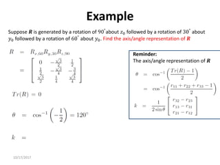 10/17/2017
Example
Suppose 𝑹 is generated by a rotation of 90°about 𝑧0 followed by a rotation of 30° about
𝑦0 followed by a rotation of 60°
about 𝑦0. Find the axis/angle representation of 𝑹
Reminder:
The axis/angle representation of 𝑹
 