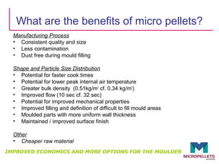 What are the benefits of micro pellets?
  Manufacturing Process
  • Consistent quality and size
  • Less contamination
  • Dust free during mould filling

  Shape and Particle Size Distribution
  • Potential for faster cook times
  • Potential for lower peak internal air temperature
  • Greater bulk density (0.51kg/m3 cf. 0.34 kg/m3)
  • Improved flow (10 sec cf. 32 sec)
  • Potential for improved mechanical properties
  • Improved filling and definition of difficult to fill mould areas
  • Moulded parts with more uniform wall thickness
  • Maintained / improved surface finish

  Other
  • Cheaper raw material
IMPROVED ECONOMICS AND MORE OPTIONS FOR THE MOULDER
 