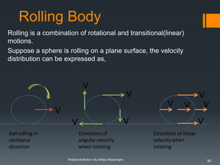 Rolling Body
Rolling is a combination of rotational and transitional(linear)
motions.
Suppose a sphere is rolling on a plane surface, the velocity
distribution can be expressed as,

Rotational Motion- By Aditya Abeysinghe

30

 