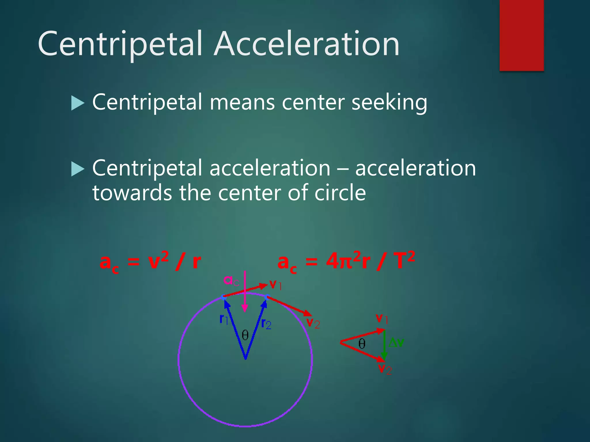 Centripetal Acceleration
 Centripetal means center seeking
 Centripetal acceleration – acceleration
towards the center of circle
ac = v2 / r ac = 4π2r / T2
 