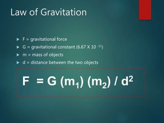 Law of Gravitation
 F = gravitational force
 G = gravitational constant (6.67 X 10 -11)
 m = mass of objects
 d = distance between the two objects
F = G (m1) (m2) / d2
 