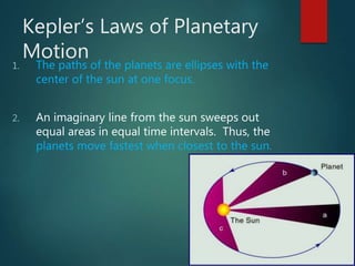 Kepler’s Laws of Planetary
Motion
1. The paths of the planets are ellipses with the
center of the sun at one focus.
2. An imaginary line from the sun sweeps out
equal areas in equal time intervals. Thus, the
planets move fastest when closest to the sun.
 