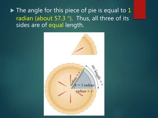  The angle for this piece of pie is equal to 1
radian (about 57.3 ). Thus, all three of its
sides are of equal length.
 