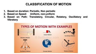 CLASSIFICATION OF MOTION
1. Based on duration: Periodic, Non periodic
2. Based on Speed: Uniform, non-uniform
3. Based on Path: Translatory, Circular, Rotatory, Oscillatory and
Vibratory
 