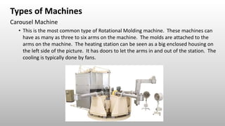 Types of Machines
Carousel Machine
• This is the most common type of Rotational Molding machine. These machines can
have as many as three to six arms on the machine. The molds are attached to the
arms on the machine. The heating station can be seen as a big enclosed housing on
the left side of the picture. It has doors to let the arms in and out of the station. The
cooling is typically done by fans.
 