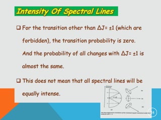 Intensity Of Spectral Lines
 For the transition other than ΔJ= ±1 (which are
forbidden), the transition probability is zero.
And the probability of all changes with ΔJ= ±1 is
almost the same.
 This does not mean that all spectral lines will be
equally intense.

24

 
