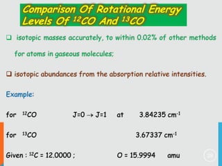 Comparison Of Rotational Energy
Levels Of 12CO And 13CO
 isotopic masses accurately, to within 0.02% of other methods
for atoms in gaseous molecules;
 isotopic abundances from the absorption relative intensities.
Example:
for

12CO

for

13CO

Given :

12C

J=0

J=1

at

3.84235 cm-1
3.67337 cm-1

= 12.0000 ;

O = 15.9994

amu

28

 