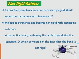 Non Rigid Rotator
 In practice, spectrum lines are not exactly equidistant;
separation decreases with increasing J.

 Molecules stretched and become non rigid with increasing
rotation.

A correction term, containing the centrifugal distortion
constant, D, which corrects for the fact that the bond is

not rigid.
29

 