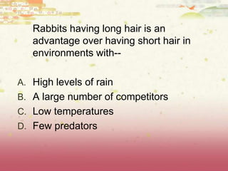 Rabbits having long hair is an
advantage over having short hair in
environments with--
A. High levels of rain
B. A large number of competitors
C. Low temperatures
D. Few predators
 