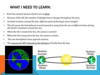 WHAT I NEED TO LEARN:
• Earth has seasons because Earth’s axis is tilted.
• Because of the tilt, the number of daylight hours changes throughout the year.
• As Earth revolves around the Sun, different parts of Earth get more sunlight.
• The tilt causes the hemispheres to point toward or away from the sun at different times during
the Earth’s revolution around the sun.
• When the tilt is toward the Sun, the season is summer
• When the tilt is away from the Sun, the season is winter.
• The two hemispheres have opposite seasons.
• The seasons do NOT depend on the distance of Earth from the Sun.
 