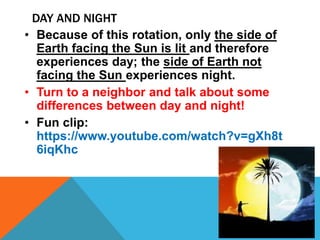 DAY AND NIGHT
• Because of this rotation, only the side of
Earth facing the Sun is lit and therefore
experiences day; the side of Earth not
facing the Sun experiences night.
• Turn to a neighbor and talk about some
differences between day and night!
• Fun clip:
https://www.youtube.com/watch?v=gXh8t
6iqKhc
 