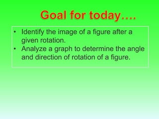 • Identify the image of a figure after a
given rotation.
• Analyze a graph to determine the angle
and direction of rotation of a figure.
