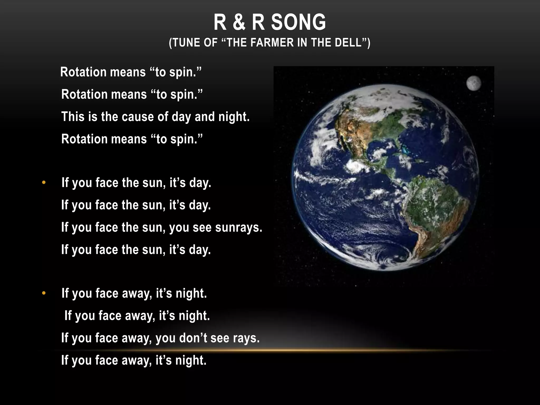 R & R SONG
                         (TUNE OF “THE FARMER IN THE DELL”)

    Rotation means “to spin.”
    Rotation means “to spin.”
    This is the cause of day and night.
    Rotation means “to spin.”


•   If you face the sun, it’s day.
    If you face the sun, it’s day.
    If you face the sun, you see sunrays.
    If you face the sun, it’s day.


•   If you face away, it’s night.
    If you face away, it’s night.
    If you face away, you don’t see rays.
    If you face away, it’s night.
 