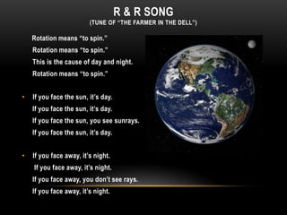 R & R SONG
                         (TUNE OF “THE FARMER IN THE DELL”)

    Rotation means “to spin.”
    Rotation means “to spin.”
    This is the cause of day and night.
    Rotation means “to spin.”


•   If you face the sun, it’s day.
    If you face the sun, it’s day.
    If you face the sun, you see sunrays.
    If you face the sun, it’s day.


•   If you face away, it’s night.
    If you face away, it’s night.
    If you face away, you don’t see rays.
    If you face away, it’s night.
 