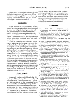 Postoperatively, the patient was started on our stan- dard  arthroscopic rotator cuff repair  protocol. Mag- netic resonance imaging performed 6 months postop- eratively  conﬁrmed  healing  of  both  the  greater tuberosity cyst and the rotator cuff ( Fig 1 B). DISCUSSION The role that humeral cysts play in rotator cuff tears has not been completely elucidated. Whereas humeral cysts can exist independently of age or rotator cuff tear, their presence has also been linked with in- creased greater tuberosity porosity and rotator cuff disease. 5,7,8  In addition, reduced bone density has been cited as a contributing factor for both reduced biologic healing and increased mechanical failure after rotator cuff repair. 6,9 Whereas the ideal graft serves osteogenic, osteoin- ductive, and osteoconductive roles, graft site harvest morbidity has been a limiting factor in the utilization of autograft. 10,11  With synthetic grafts containing the copolymers polylactic acid and polyglycolic acid with calcium sulfate, it has been shown that as these ma- terials degrade, they can act as a scaffold, allowing for bony ingrowth. 12  Given that the contribution and pres- ence of humeral cysts in rotator cuff pathology are not entirely clear, any decision to perform treatment has to be weighed carefully against the morbidity and risks involved. Ideally, an arthroscopic approach with min- imal additional risk beyond the already planned pro- cedure may prove beneﬁcial. Although arthroscopic approaches utilizing autograft and allograft have been described  previously,  both  autograft  and  allograft have  associated  morbidity  and  risks  that  must  be weighed accordingly. 10,11,13-16 CONCLUSIONS Using a readily available artiﬁcial scaffold, avoid- ing the possibility of both graft harvest morbidity and infectious disease transmission, to address a humeral cyst arthroscopically at the time of rotator cuff repair, to our knowledge, has not been previously reported. Because these scaffolds are not intended to serve a structural role, their utility in our practice is limited to well-circumscribed defects amenable to the creation of a tubular socket (e.g., humeral cyst, defect in the tuberosity after removal of an anchor or hardware, as well as a humeral osteochondral defect). Situations requiring the bone graft to provide immediate struc- tural support, in our practice, are better handled with other options. We suggest this technique as a readily available option with minimal additional time and morbidity for the arthroscopic surgeon to consider when faced with a similar clinical dilemma. REFERENCES 1.  Norwood LA, Barrack R, Jacobson KE. Clinical presentation of complete tears of the rotator cuff.  J Bone Joint Surg Am 1989;71:499-505. 2.  Tuite  MJ,  Toivonen  DA,  Orwin  JF,  Wright  DH.  Acromial angle  on  radiographs  of  the  shoulder:  Correlation  with  the impingement  syndrome  and  rotator  cuff  tears.  AJR  Am  J Roentgenol  1995;165:609-613. 3.  Neer  CS  II.  Impingement  lesions.  Clin  Orthop  Relat  Res 1983:70-77. 4.  Hamada K, Fukuda H, Mikasa M, Kobayashi Y. Roentgeno- graphic  ﬁndings  in  massive  rotator  cuff  tears.  A  long-term observation.  Clin Orthop Relat Res  1990:92-96. 5.  Pearsall AWt, Bonsell S, Heitman RJ, Helms CA, Osbahr D, Speer KP. Radiographic ﬁndings associated with symptomatic rotator cuff tears.  J Shoulder Elbow Surg  2003;12:122-127. 6.  Galatz LM, Rothermich SY, Zaegel M, Silva MJ, Havlioglu N, Thomopoulos  S.  Delayed  repair  of  tendon  to  bone  injuries leads to decreased biomechanical properties and bone loss. J Orthop Res  2005;23:1441-1447. 7.  Williams M, Lambert RG, Jhangri GS, et al. Humeral head cysts and rotator cuff tears: An MR arthrographic study.  Skel- etal Radiol  2006;35:909-914. 8.  Jiang Y, Zhao J, van Holsbeeck MT, Flynn MJ, Ouyang X, Genant HK. Trabecular microstructure and surface changes in the  greater  tuberosity  in  rotator  cuff  tears.  Skeletal  Radiol 2002;31:522-528. 9.  Tingart MJ, Apreleva M, Zurakowski D, Warner JJ. Pullout strength of suture anchors used in rotator cuff repair.  J Bone Joint Surg Am  2003;85:2190-2198. 10.  Banwart JC, Asher MA, Hassanein RS. Iliac crest bone graft harvest donor site morbidity. A statistical evaluation.  Spine 1995;20:1055-1060. 11.  Hill NM, Horne JG, Devane PA. Donor site morbidity in the iliac crest bone graft.  Aust N Z J Surg  1999;69:726-728. 12.  Athanasiou KA, Niederauer GG, Agrawal CM. Sterilization, toxicity, biocompatibility and clinical applications of polylac- tic acid/polyglycolic acid copolymers.  Biomaterials  1996;17: 93-102. 13.  Hangody L, Feczko P, Bartha L, Bodo G, Kish G. Mosaic- plasty for the treatment of articular defects of the knee and ankle.  Clin Orthop Relat Res  2001:S328-S336 (suppl). 14.  Burkhart SS, Klein JR. Arthroscopic repair of rotator cuff tears  associated  with  large  bone  cysts  of  the  proximal humerus:  Compaction  bone  grafting  technique.  Arthros- copy  2005;21:1149.e1-1149.e5. Available online at  www. arthroscopyjournal.org . 15.  Caldwell  PE  III,  Shelton  WR.  Indications  for  allografts. Orthop Clin North Am  2005;36:459-467. 16.  Hou CH, Yang RS, Hou SM. Hospital-based allogenic bone bank—10-year experience.  J Hosp Infect  2005;59:41-45. 904.e3 GREATER TUBEROSITY CYST 