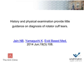 History and physical examination provide little
guidance on diagnosis of rotator cuff tears.
Jain NB, Yamaguchi K. Evid Based Med.
2014 Jun;19(3):108.
 