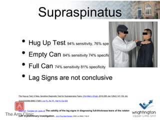 Supraspinatus
• Hug Up Test 94% sensitivity, 76% specificity
• Empty Can 84% sensitivity 74% specificity
• Full Can 74% sensitivity 81% specificity
• Lag Signs are not conclusive
The Hug-up Test: A New, Sensitive Diagnostic Test for Supraspinatus Tears. Chin Med J (Engl). 2016 20th Jan;129(2):147-153. doi:
10.4103/0366-6999.173461. Liu YL, Ao YF, Yan H, Cui GQ
Miller CA1, Forrester GA, Lewis JS The validity of the lag signs in diagnosing full-thickness tears of the rotator
cuff: a preliminary investigation. . Arch Phys Med Rehabil. 2008 Jun;89(6):1162-8.
 