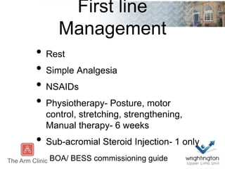 First line
Management
• Rest
• Simple Analgesia
• NSAIDs
• Physiotherapy- Posture, motor
control, stretching, strengthening,
Manual therapy- 6 weeks
• Sub-acromial Steroid Injection- 1 only
BOA/ BESS commissioning guide
 