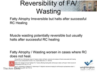 Reversibility of FA/
Wasting
Fatty Atrophy Irreversible but halts after successful
RC Healing
Muscle wasting potentially reversible but usually
halts after successful RC healing
Fatty Atrophy / Wasting worsen in cases where RC
does not heal.
Chung SW et al. Arthroscopic repair of massive rotator cuff tears: outcome and analysis of factors associated with healing
failure or poor postoperative function. Am J Sports Med 2013; 41: 1674-83.
Abtahi A M, Granger E K and Tashjian R Z. Factors affecting healing after arthroscopic rotator cuff repair. World Journal of
Orthopaedics 2015; 6(2): 211-20.
Liem D, Litchenberg S, Magosch P, Habermeyer P. Magnetic resonance imaging for arthroscopic supraspinatus repair. J
Bone Joint Surg 2007; 89:1770-76.
 