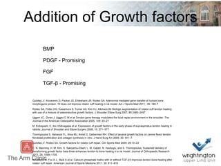 Addition of Growth factors
BMP
PDGF - Promising
FGF
TGF-β - Promising
Gulotta LV, Kovacevic D, Packer JD, Ehteshami JR, Rodeo SA. Adenoviral mediated gene transfer of human bone
morphogenic protein -13 does not improve rotator cuff healing in rat model. Am J Sports Med 2011.; 39: 180-7
Rodeo SA, Potter HG, Kawamura S, Turner AS, Kim HJ, Atkinson BL Biologic augmentation of rotator cuff tendon-healing
with use of a mixture of osteoinductive growth factors. J Shoulder Elbow Surg 2007; 89:2485–2497
Uggen JC, Dines J, Uggen C.W et al.Tendon gene therapy modulates the local repair environment in the shoulder. The
Journal of the American Osteopathic Association 2005, 105: 20–21
M. Kobayashi, E. Itoi,H.Minagawa et al. Expression of growth factors in the early phase of supraspinatus tendon healing in
rabbits. Journal of Shoulder and Elbow Surgery 2006; 15: 371–377.
Thomopoulos S, Harwood FL, Silva MJ, Amiel D, Gelberman RH. Effect of several growth factors on canine flexor tendon
fibroblast proliferation and collagen synthesis in vitro. J Hand Surg Am 2005; 30: 441–7.
Gulotta LV, Rodeo SA. Growth factors for rotator cuff repair. Clin Sports Med 2009; 28:13–23
C. N. Manning, H. M. Kim, S. Sakiyama-Elbert, L. M. Galatz, N. Havlioglu, and S. Thomopoulos, Sustained delivery of
transforming growth factor beta three enhances tendon-to bone healing in a rat model. Journal of Orthopaedic Research
2011; 29: 1099–1105.
Kovacevic D, Fox A J, Bedi A et al. Calcium-phosphate matrix with or without TGF-𝛽3 improves tendon-bone healing after
rotator cuff repair. American Journal of Sports Medicine 2011; 39: 811–819
 
