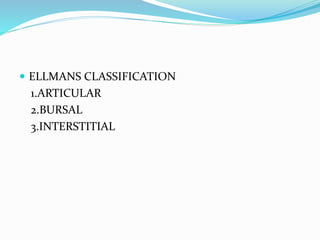  ELLMANS CLASSIFICATION
1.ARTICULAR
2.BURSAL
3.INTERSTITIAL
 
