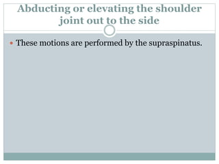 Abducting or elevating the shoulder
joint out to the side
 These motions are performed by the supraspinatus.
 