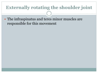 Externally rotating the shoulder joint
 The infraspinatus and teres minor muscles are
responsible for this movement
 