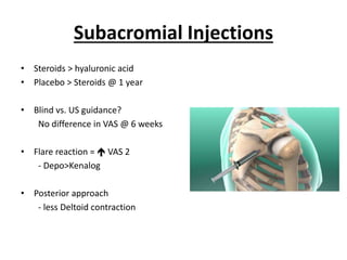 Subacromial Injections
• Steroids > hyaluronic acid
• Placebo > Steroids @ 1 year
• Blind vs. US guidance?
No difference in VAS @ 6 weeks
• Flare reaction =  VAS 2
- Depo>Kenalog
• Posterior approach
- less Deltoid contraction
 