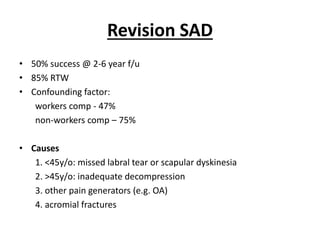 Revision SAD
• 50% success @ 2-6 year f/u
• 85% RTW
• Confounding factor:
workers comp - 47%
non-workers comp – 75%
• Causes
1. <45y/o: missed labral tear or scapular dyskinesia
2. >45y/o: inadequate decompression
3. other pain generators (e.g. OA)
4. acromial fractures
 