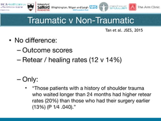 Traumatic v Non-Traumatic
• No difference:

– Outcome scores

– Retear / healing rates (12 v 14%)

– Only:

• “Those patients with a history of shoulder trauma
who waited longer than 24 months had higher retear
rates (20%) than those who had their surgery earlier
(13%) (P 1⁄4 .040).”
Tan et al. JSES, 2015
 