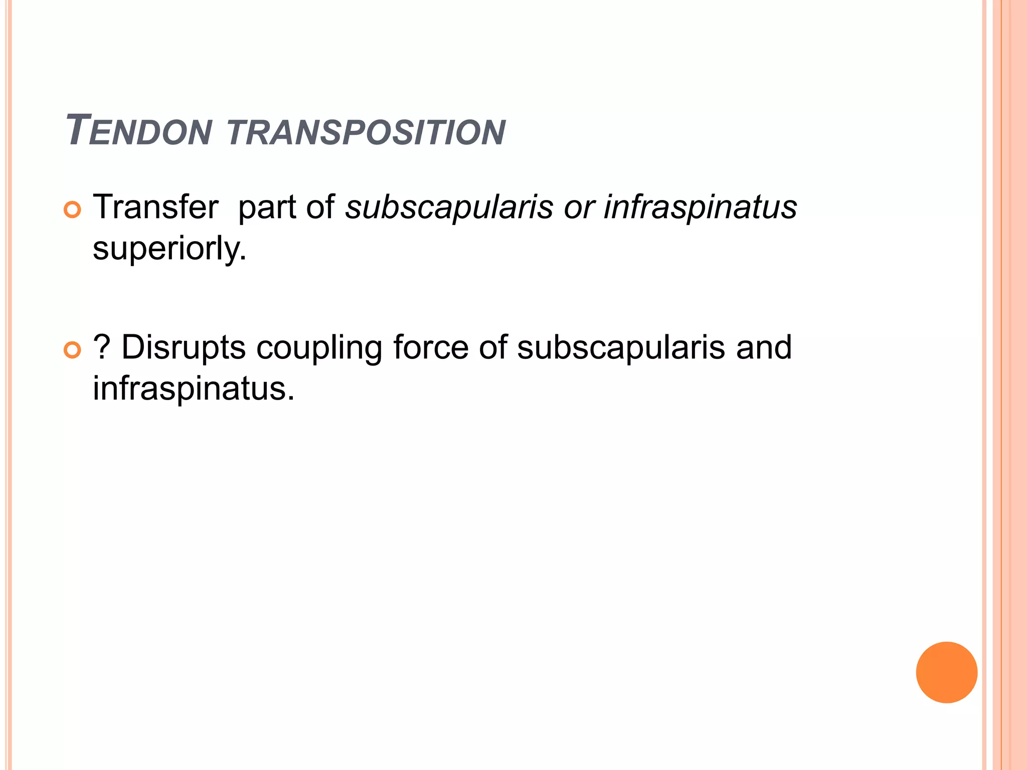 TENDON TRANSPOSITION
 Transfer part of subscapularis or infraspinatus
superiorly.
 ? Disrupts coupling force of subscapularis and
infraspinatus.
 