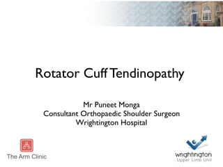 Rotator Cuff Tendinopathy
Mr Puneet Monga
Consultant Orthopaedic Shoulder Surgeon
Wrightington Hospital
 