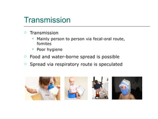 Transmission Transmission Mainly person to person via fecal-oral route , fomites Poor hygiene Food and water-borne spread is possible Spread via respiratory route is speculated 