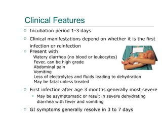 Clinical Features Incubation period 1-3 days Clinical manifestations depend on whether it is the first infection or reinfection Present with  Watery diarrhea (no blood or leukocytes) Fever, can be high grade Abdominal pain Vomiting Loss of electrolytes and fluids leading to dehydration May be fatal unless treated First infection after age 3 months generally most severe May be asymptomatic or result in severe dehydrating diarrhea with fever and vomiting GI symptoms generally resolve in 3 to 7 days 