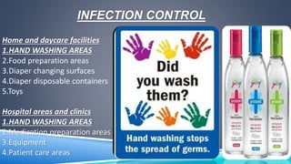 INFECTION CONTROL 
Home and daycare facilities 
1.HAND WASHING AREAS 
2.Food preparation areas 
3.Diaper changing surfaces 
4.Diaper disposable containers 
5.Toys 
Hospital areas and clinics 
1.HAND WASHING AREAS 
2.Medication preparation areas 
3.Equipment 
4.Patient care areas 
 