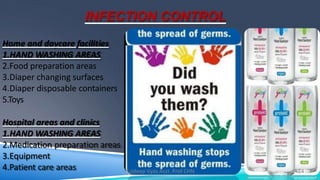 INFECTION CONTROL
Home and daycare facilities
1.HAND WASHING AREAS
2.Food preparation areas
3.Diaper changing surfaces
4.Diaper disposable containers
5.Toys
Hospital areas and clinics
1.HAND WASHING AREAS
2.Medication preparation areas
3.Equipment
4.Patient care areas 14Kuldeep Vyas Asst. Prof CHN
 