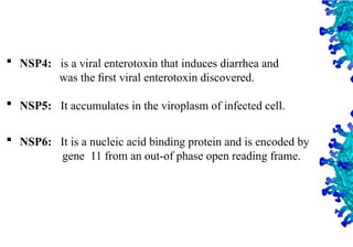 15
 NSP4: is a viral enterotoxin that induces diarrhea and
was the ﬁrst viral enterotoxin discovered.
 NSP5: It accumulates in the viroplasm of infected cell.
 NSP6: It is a nucleic acid binding protein and is encoded by
gene 11 from an out-of phase open reading frame.
 