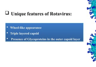46
 Unique features of Rotavirus:
 Wheel-like appearance
 Triple layered capsid
 Presence of Glycoproteins in the outer capsid layer
 