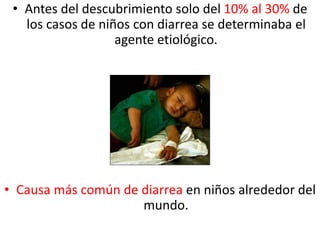 • Antes del descubrimiento solo del 10% al 30% de
los casos de niños con diarrea se determinaba el
agente etiológico.
• Causa más común de diarrea en niños alrededor del
mundo.
 