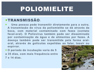 TRANSMISSÃO:
 Uma pessoa pode transmitir diretamente para a outra.
A transmissão do vírus da poliomielite se dá através da
boca, com material contaminado com fezes (contato
fecal-oral). O Poliovírus também pode ser disseminado
por contaminação da água e de alimentos por fezes. A
doença também pode ser transmitida pela forma oral-
oral, através de gotículas expelidas ao falar, tossir ou
espirrar.
 O período de incubação varia de 5
a 35 dias, com mais frequência entre
7 e 14 dias.
POLIOMIELITE
 