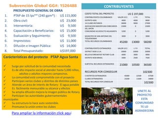 Carácterísticas del protecto PTAP Agua Santa
 Surge por solicitud de la comunidad necesitada
 Es de alto impacto social al atender hasta 5,000 niños,
adultos y adultos mayores campesinos.
 La comunidad está comprometida con el proyecto
 Participan varios clubes y distritos de distintos países
 Atiende un área de interés de Rotary: El agua potable
 Es fácilmente mensurable su alcance y efectos
 Su amplia difusión mejora la imagen pública de Rotary
 Participan las autoridades gubernamentales
municipales
 Su estructura lo hace auto sostenible.
 Promueve la unión entre los clubes
PRESUPUESTO GENERAL DE OBRA
1. PTAP de 15 lps** (240 gpm*) : U$ 115,000
2. Obra civil: U$ 23,000
3. Interventoría: U$ 9,500
4. Capacitación a Beneficiarios: U$ 15,000
5. Evaluación y Seguimiento: U$ 9,500
6. Imprevistos: U$ 11,000
7. Difusión e Imagen Pública: U$ 14,000
8. Total Presupuestado: U$197,000
CONTRIBUYENTES
COSTO TOTAL DEL PROYECTO US $ 197,000
CONTRIBUYENTES COLOMBIANOS VALOR US $ L F R TOTAL
DISTRITO 4281 4000 4000 8000
14 CLUBES ROTARIOS 18000 9000 27000
ASOCIACION NIKKORYUKAI EXBECARIOS
DEL JAPON
15000 0 15000
COMUNIDAD ACUEDUCTO AGUASANTA 5200 0 5200
MUNICIPIO DE SAN ANTONIO DEL
TEQUENDAMA
3000 0 3000
TOTAL RECURSOS COLOMBIANOS
45200 13000 58200
CONTRIBUYENTES EXTRANJEROS VALOR US $ L F R TOTAL
DISTRICT 5030 U.S.A. 10000 10000 20000
BELLEVUE BREAKFAST ROTARY CLUB 6000 3000 9000
DISTRITO 4030 BRASIL 5000 2500 7500
SUBTOTAL RECURSOS EXTRANJEROS
21000 10500 36500
RECURSOS POR CONSEGUIR 102300
5 DISTRITOS EXTRANJEROS 45000 22500 67500
CLUBES EXTRANJEROS 23200 11600 34800
TOTAL RECURSOS POR CONSEGUIR
102300
UNETE AL
PROYECTO
ESTA
COMUNIDAD
TE LO
AGRADECERA
Para ampliar la información click aquí
 