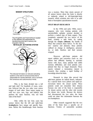 Chapter 1: Know Yourself — Socrates Lesson 5: Left-Brain/Right-Brain
24 Unit 3: Foundations for Success
Amygdala
Hippocampus
MEMORY STRUCTURES
The and located
in the midbrain are responsible for
transforming short-term memory into
long-term memory.
amygdala hippocampus
Amygdala
Hippocampus
MEMORY STRUCTURES
The and located
in the midbrain are responsible for
transforming short-term memory into
long-term memory.
amygdala hippocampus
Reticular formation
RETICULAR ACTIVATING SYSTEM
The reticular formation (or reticular activating
system) is the seat of consciousness that is
responsible for mental alertness, and it connects
the conscious and subconscious minds.
Reticular formation
RETICULAR ACTIVATING SYSTEM
Reticular formation
RETICULAR ACTIVATING SYSTEM
The reticular formation (or reticular activating
system) is the seat of consciousness that is
responsible for mental alertness, and it connects
the conscious and subconscious minds.
Why is the brain divided into a left
and right side? For hundreds of years, scien-
tists believed that the two sides were mirror
images of each other. Since nature equips us
with two eyes, ears, legs, and kidneys that
perform the same function, why not both
sides of the brain?
Only within the last forty years has
science shown that the left and right-brain
hemispheres have unique and specific func-
tions. Before this breakthrough, brain function
was a mystery. More than ninety percent of
all science known about the brain is directly
or indirectly related to left-brain/right-brain
research, which scientists also refer to as split
brain or hemisphere specialization research.
SPLIT BRAIN RESEARCH
In the 1950s and early 1960s, neuro-
surgeons who were treating patients with
uncontrollable epileptic seizures decided to
perform a radical type of brain surgery. They
completely separated the two halves of the
brain, creating a split brain, by cutting
through the corpus callosum, the bundle of
fibers that connects these halves. To the doc-
tors’ surprise and pleasure, these patients
suffered no change in intelligence, personal-
ity, or daily function, and their seizures
stopped.
However, split-brain patients did
report oddities and curiosities (such as, one
patient had difficulty learning to associate
names with faces, many patients had subtle
memory difficulties, and most patients com-
plained that they no longer dreamed). These
reports initiated a tremendous interest in
research, thus creating a rapid buildup of
knowledge about the brain.
Research in sleep labs proved that
split-brain patients do indeed dream, indicated
by a special brain wave pattern and rapid eye
movement below the closed eyelid. These
patients could not remember their dreams
because one side of the brain is responsible
for dream activity and the other side records
the dream into words. Because the doctors
had disconnected the two sides, the brain
could not share this information between the
two hemispheres.
Other research suggested that the two
sides of the brain have a specific set of
functions. Victims of automobile accidents
 