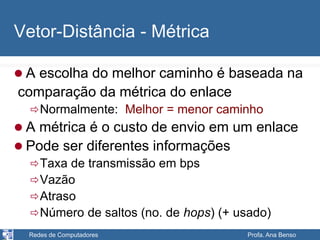 Redes de Computadores Profa. Ana Benso
Vetor-Distância - Métrica
 A escolha do melhor caminho é baseada na
comparação da métrica do enlace
Normalmente: Melhor = menor caminho
 A métrica é o custo de envio em um enlace
 Pode ser diferentes informações
Taxa de transmissão em bps
Vazão
Atraso
Número de saltos (no. de hops) (+ usado)
 